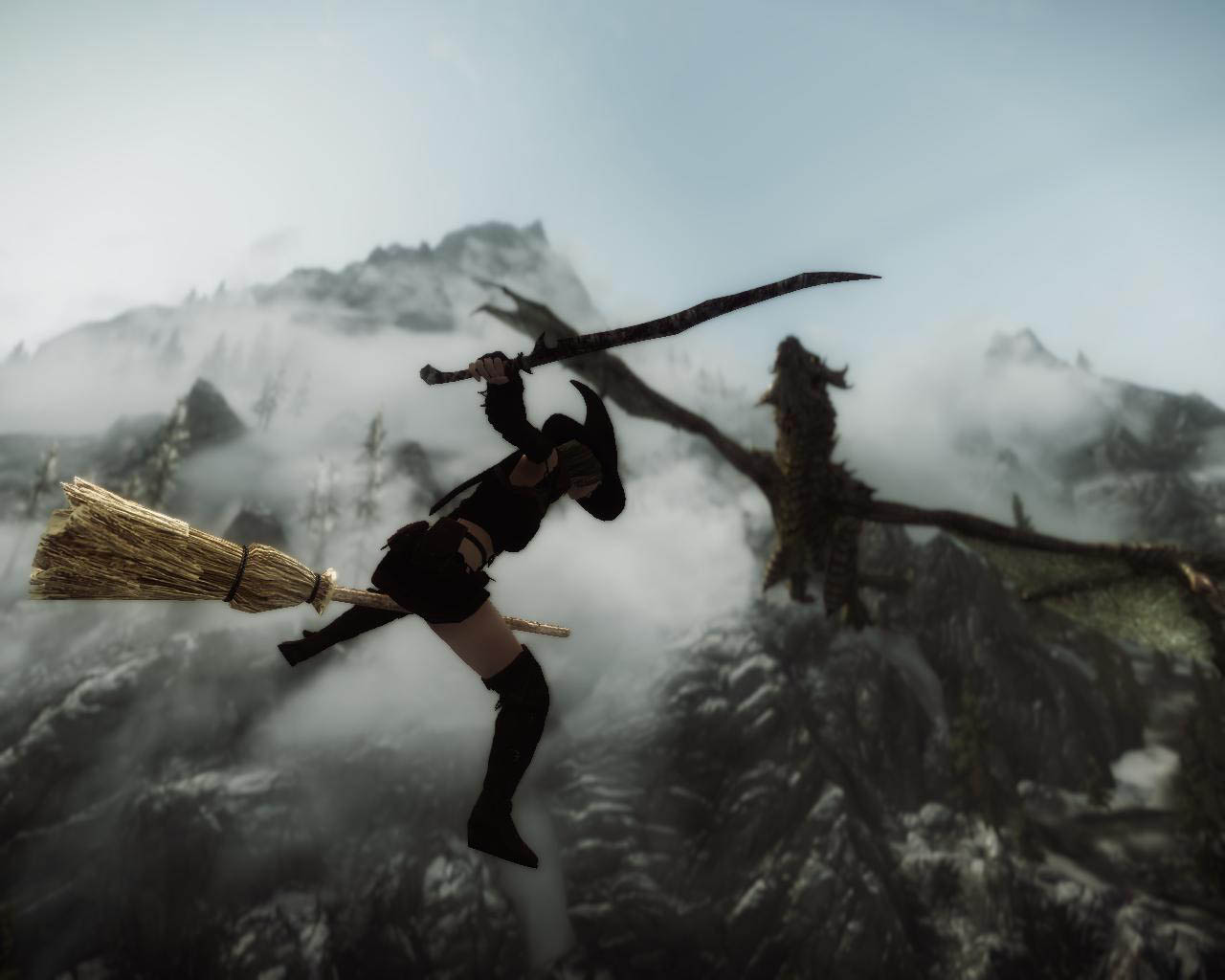 Witch on a broomstick fighting a dragon.
